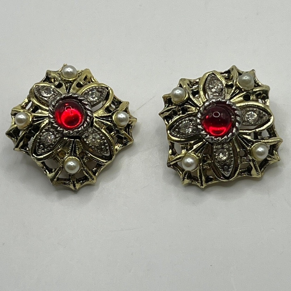 Vintage Clip On Earrings Red Cabochon Center Faux Pearl Rhinestone Gold Tone